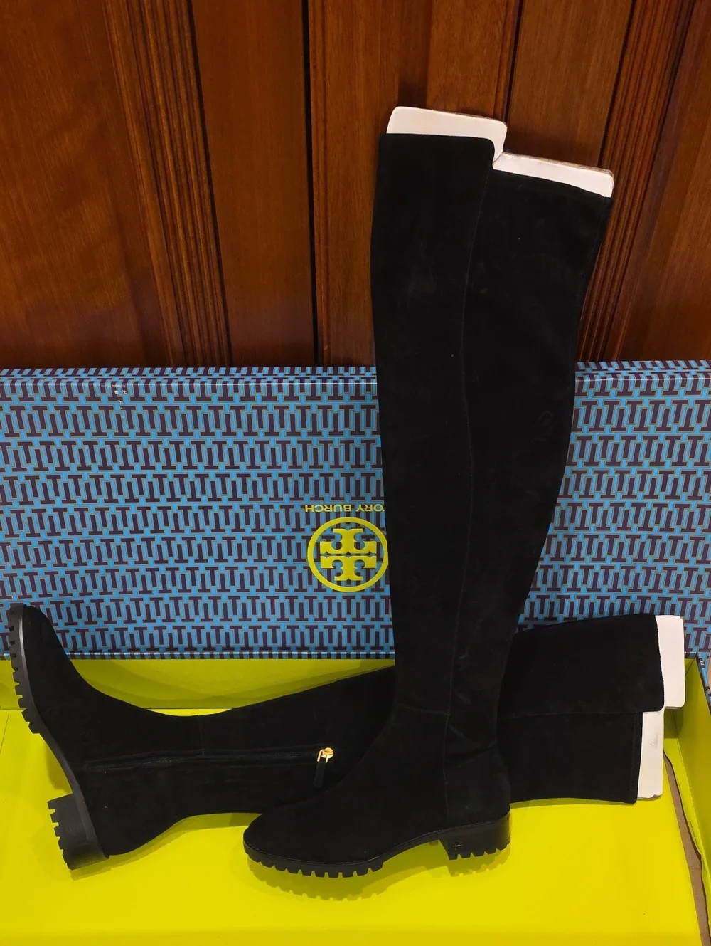 Tory Burch Black Over-the-Knee Suede Lug-Sole Boots